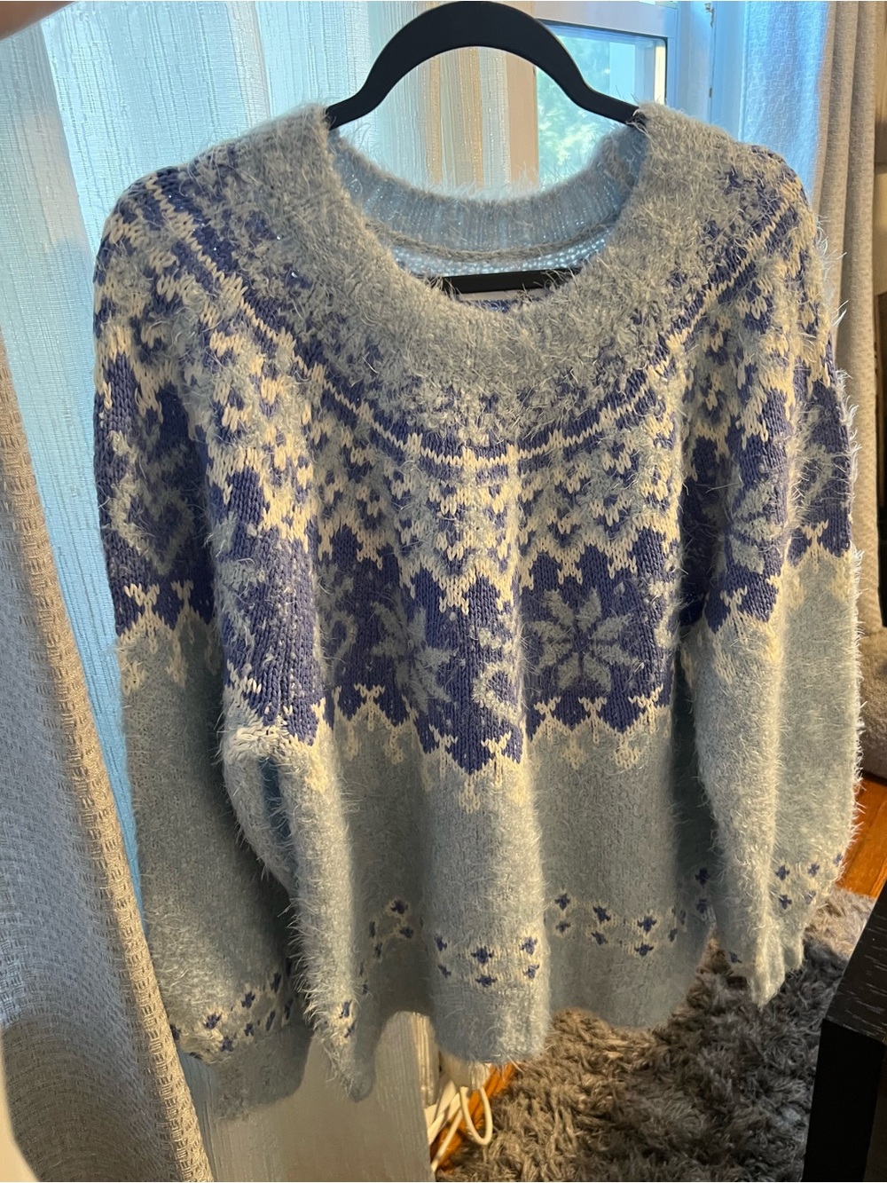 Altar'd State Fuzzy Blue & Cream Fair Isle Crew Sweater